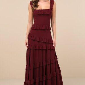 Lulus Compelling Romantic Burgundy Ruffled Tiered Maxi Dress - Size XL